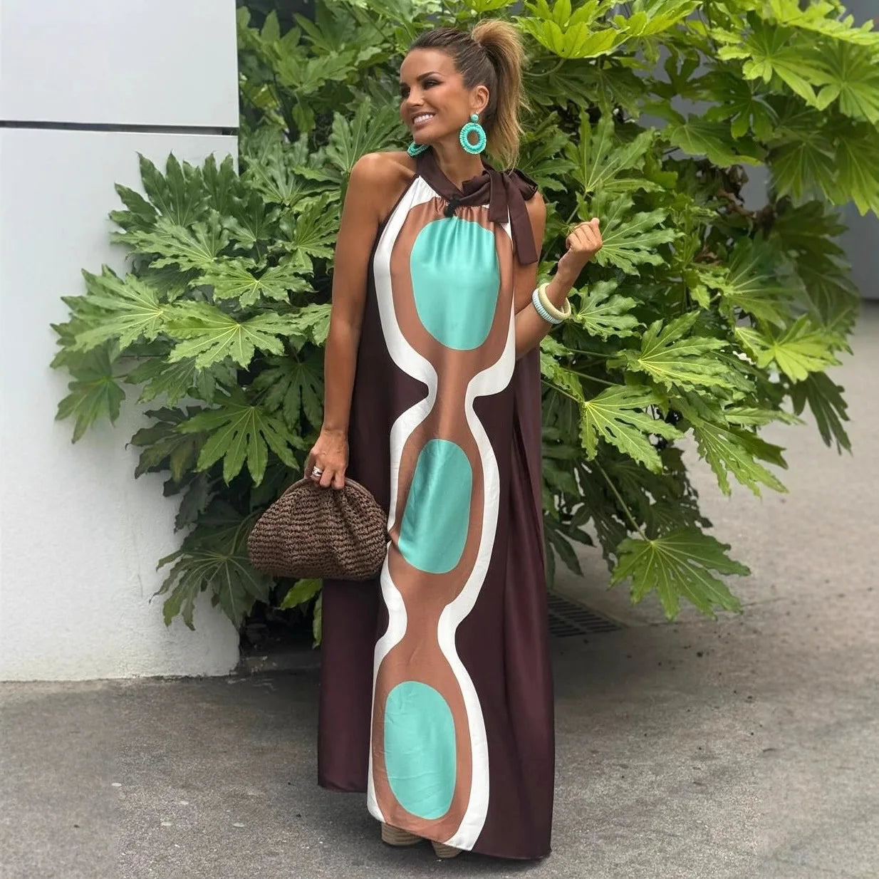 Casual Print Halter Neck Relaxed Fit Maxi Dress for Women