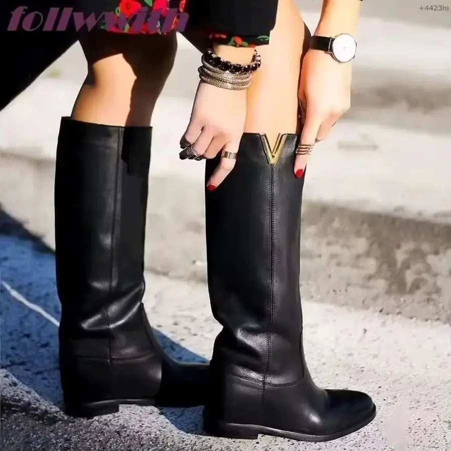 Leather Over The Knee Flat Boots With Buckle And Round Toe For Women
