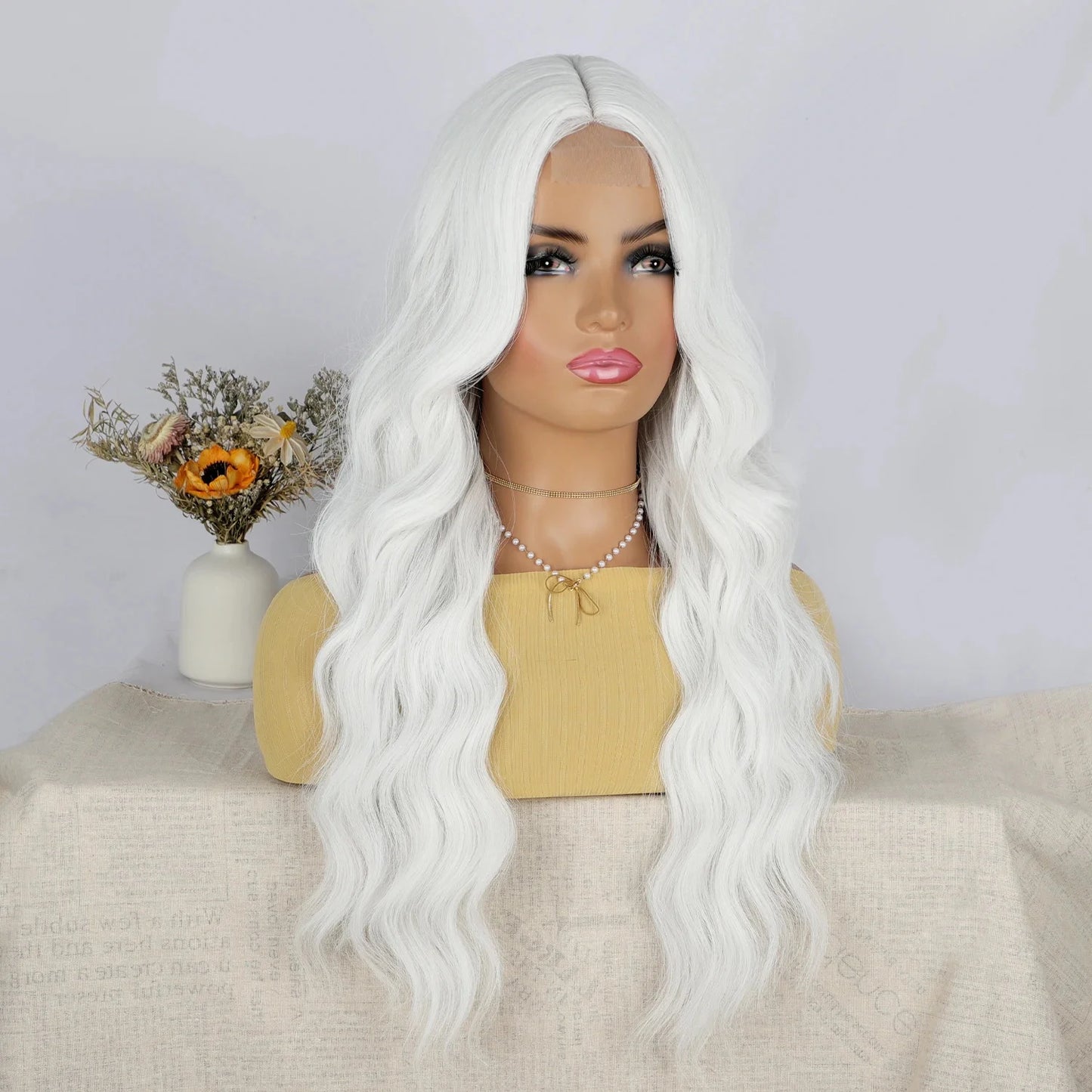 White Long Curly Synthetic Heat Resistant Wig for Women