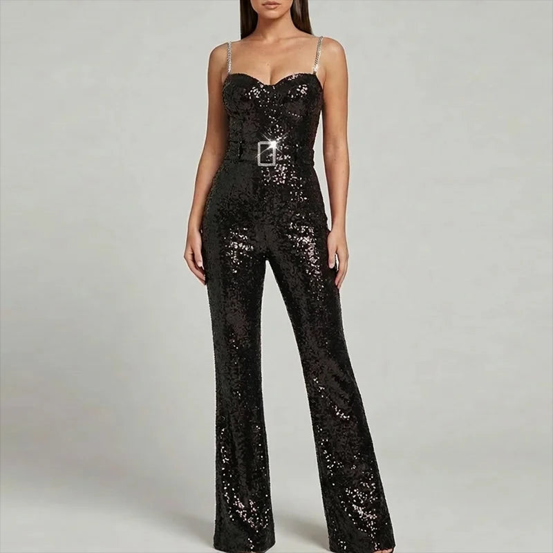Sexy Off Shoulder Sleeveless Party Playsuit Fashion Match Belt Slim Fit Long Rompers Elegant Shiny Sequins Chain Sling Jumpsuit