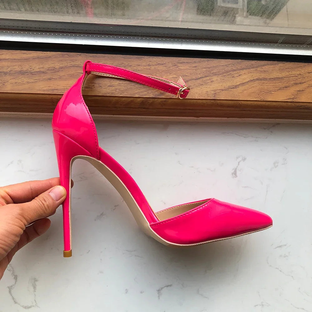 Rose Pink Patent Pointed Toe Ankle Strap Pumps for Women