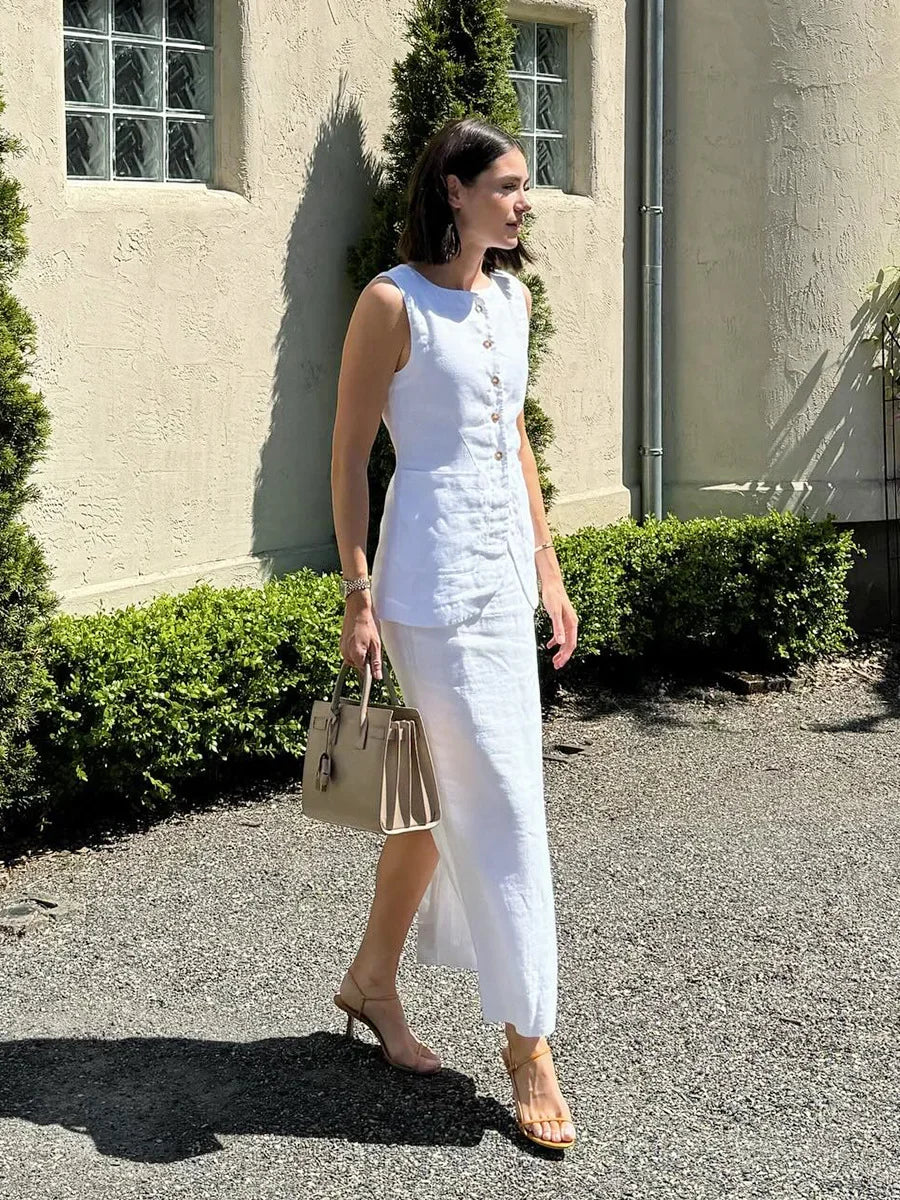 Breathable Linen High Waist Vest And Skirt Set For Women