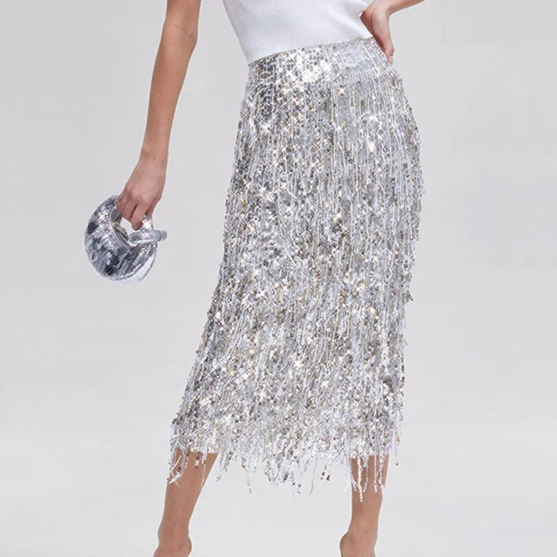 High Waist Sequined Split Tassel Midi Skirt for Women