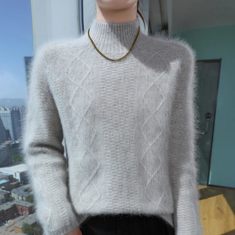 Floral Jacquard Long Sleeve High Neck Knit Sweater for Women