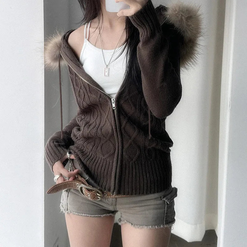 Spicy Girl Style, Furry Combination, Hoodie Zipper Sweater Cardigan, Women's Slimming And Shaping, Versatile Casual Coat