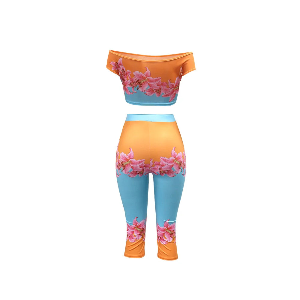 Casual Floral Print Off Shoulder Two Piece Set for Women