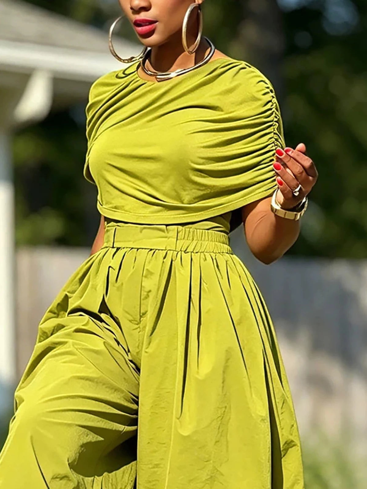Olive Green Ruched Crop Top And Jogger Pants Set for Women