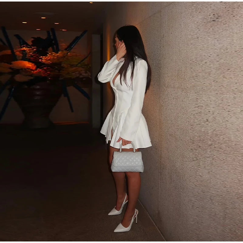 V Neck Pleated Patchwork With Long Sleeves Dress for Women