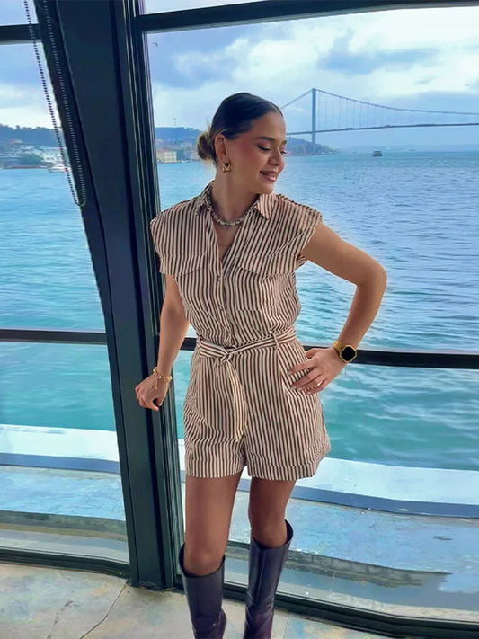 Striped Sleeveless Playsuit With Belt