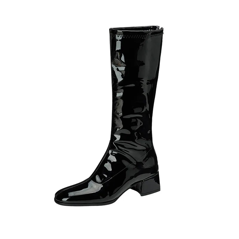 Red Patent Leather Square Toe Knee-High Boots for Women