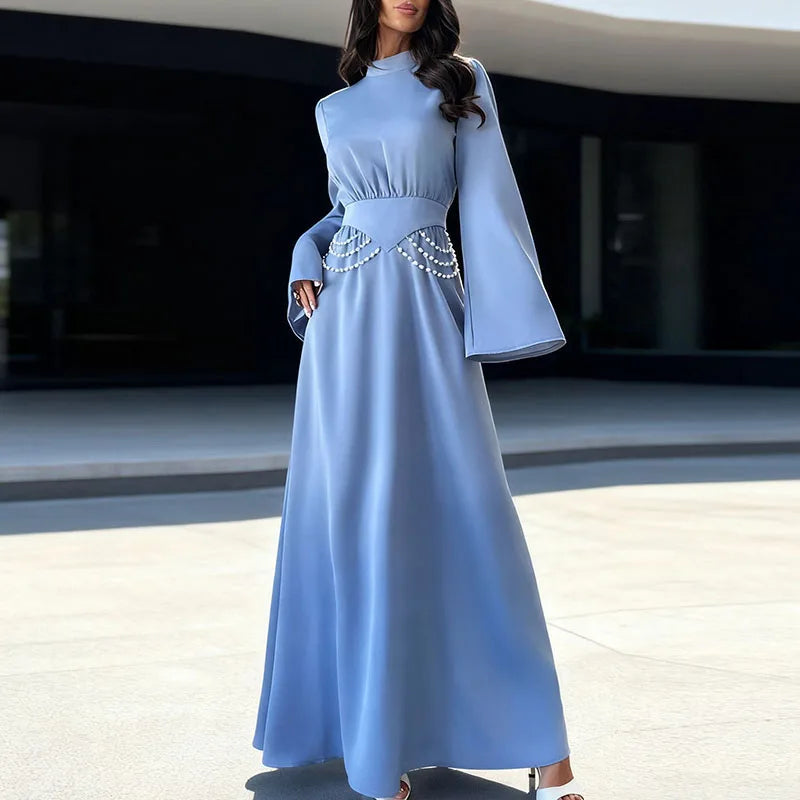 Women Fashion Hight Waist Solid Evening Dress Casual Long Sleeve Slim Party Dresses New Stand Collar Beading Chain Banquet Dress