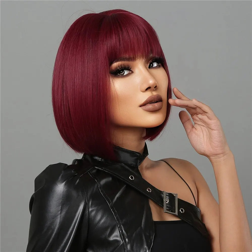Heat Resistant Wine Red Bob Wig With Thick Bangs for Women