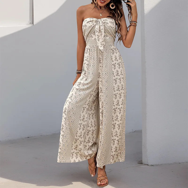 Printed Strapless Tube Top Tie Front Jumpsuit for Women