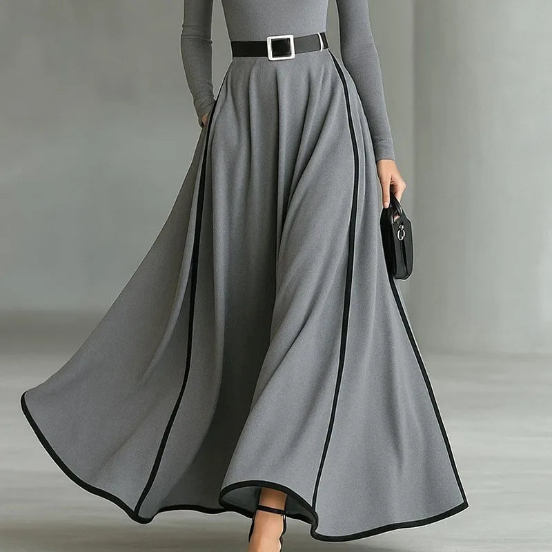 Spring Turtlenck High Waist A-Line Long Dress Woman Elegant Contrast Swing Party Dress Autumn Long Sleeve Pocket Boho Maxi Dress