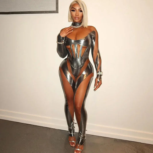Metallic Striped Patchwork Mesh See Through Nightclub Jumpsuit Women Long Sleeve Skinny Party Birthday Outfit One Pieces Romper