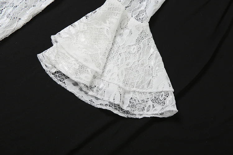 Cutenew Lace Stacked Women Maxi Dresses Romantic French Full Sleeve Ruffle Neck Split Bodycon Female Sexy Sheer Trend Vestidos