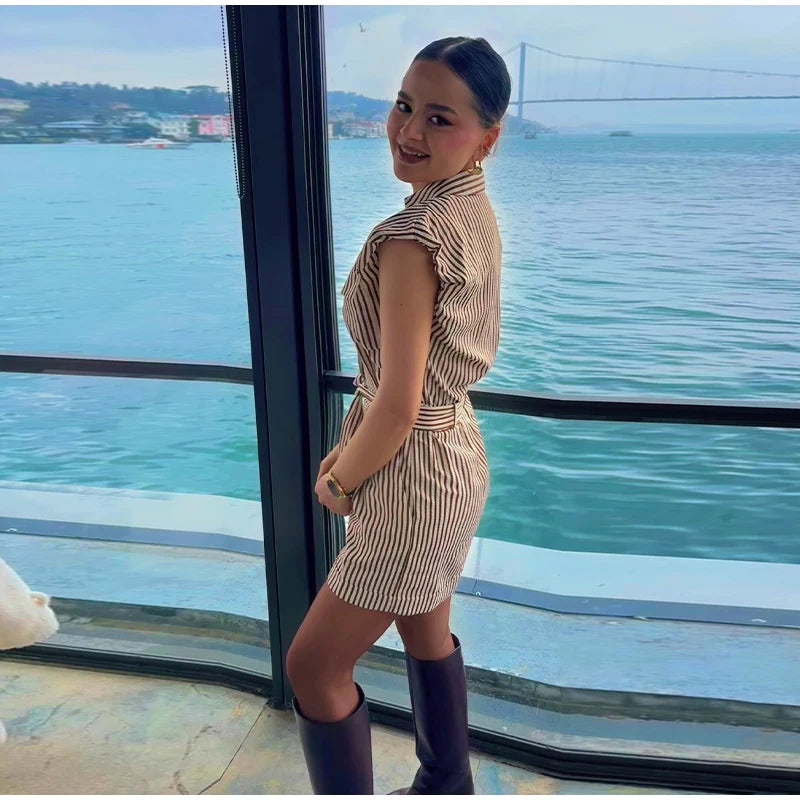 Elegant Striped Sleeveless Playsuit With Belt for Women