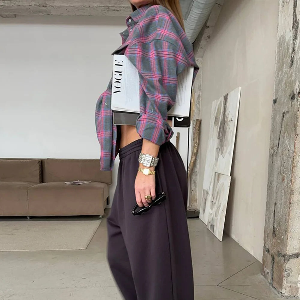 FSMG-Versatile Plaid Shirt For Women, Red Bright Grid, Oversized Blouse, Leisure And Fashionable Top, Spring And Autumn Seasons