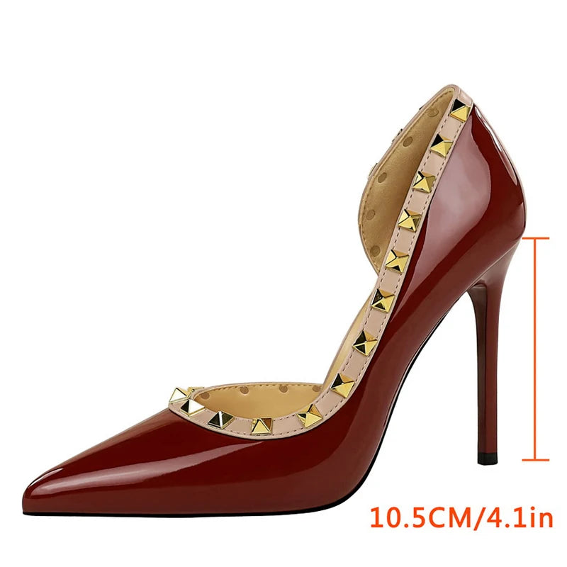 Rivet Detail Patent Leather High Heel Pumps for Women