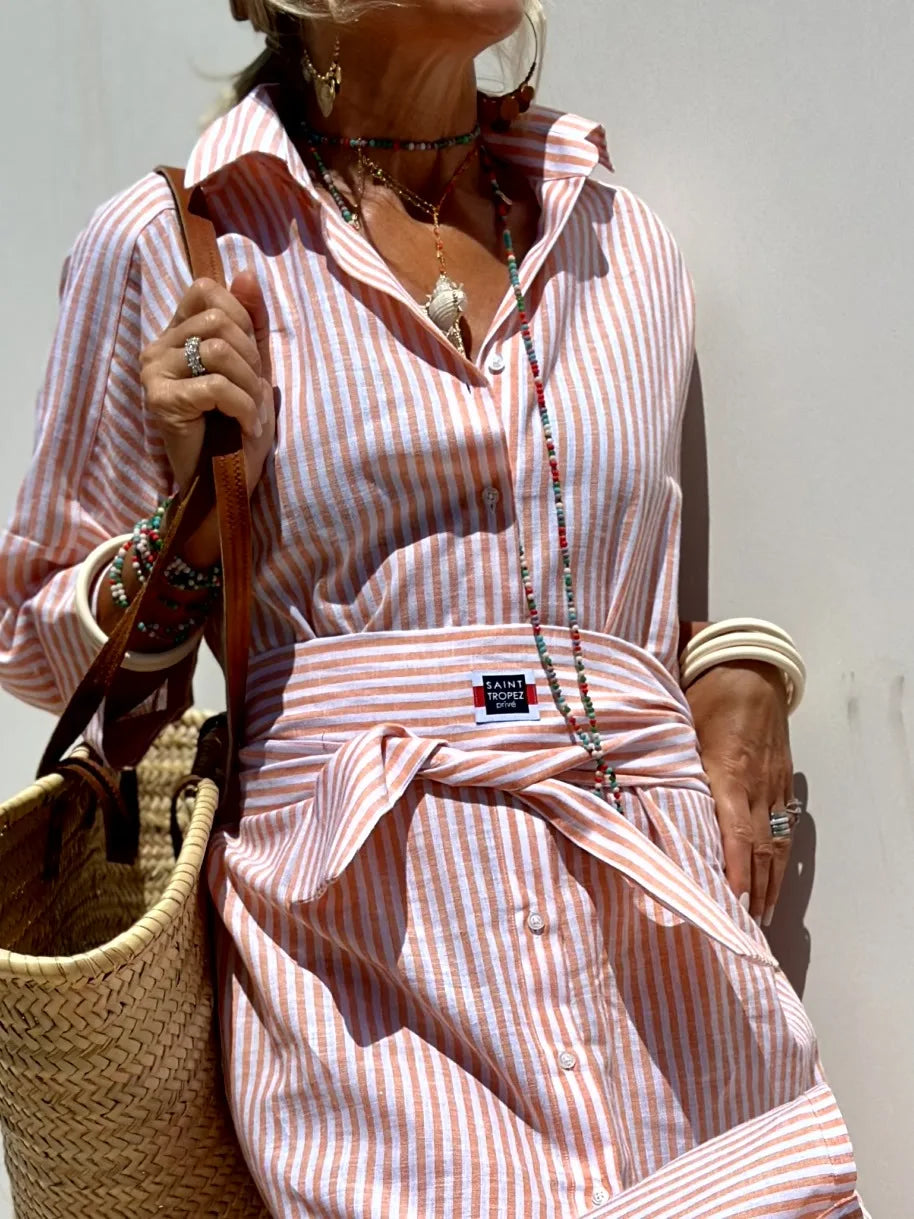 Striped Belted Ankle Length Half Sleeves Lapel Dress for Women