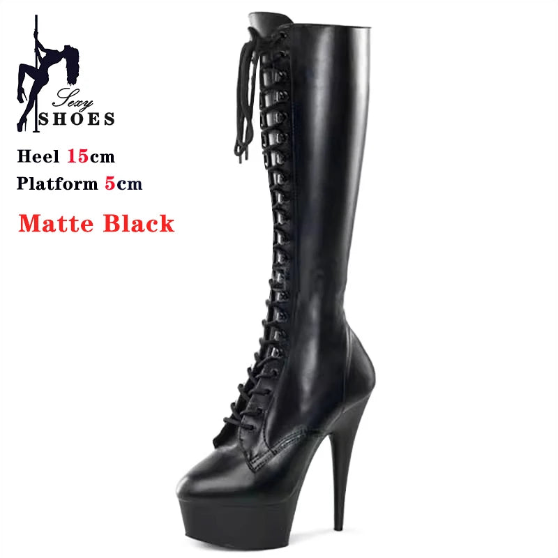 Gladiator Style Knee Length Leather Boots With Lace Up For Women