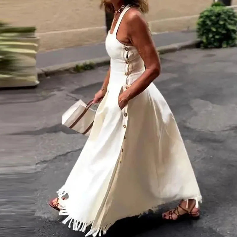 Fashion Square Collar Waist Slim Long Dress Women Casual Sleeveless Pocket Solid Party Dress Elegant Tassel Splicing Maxi Dress