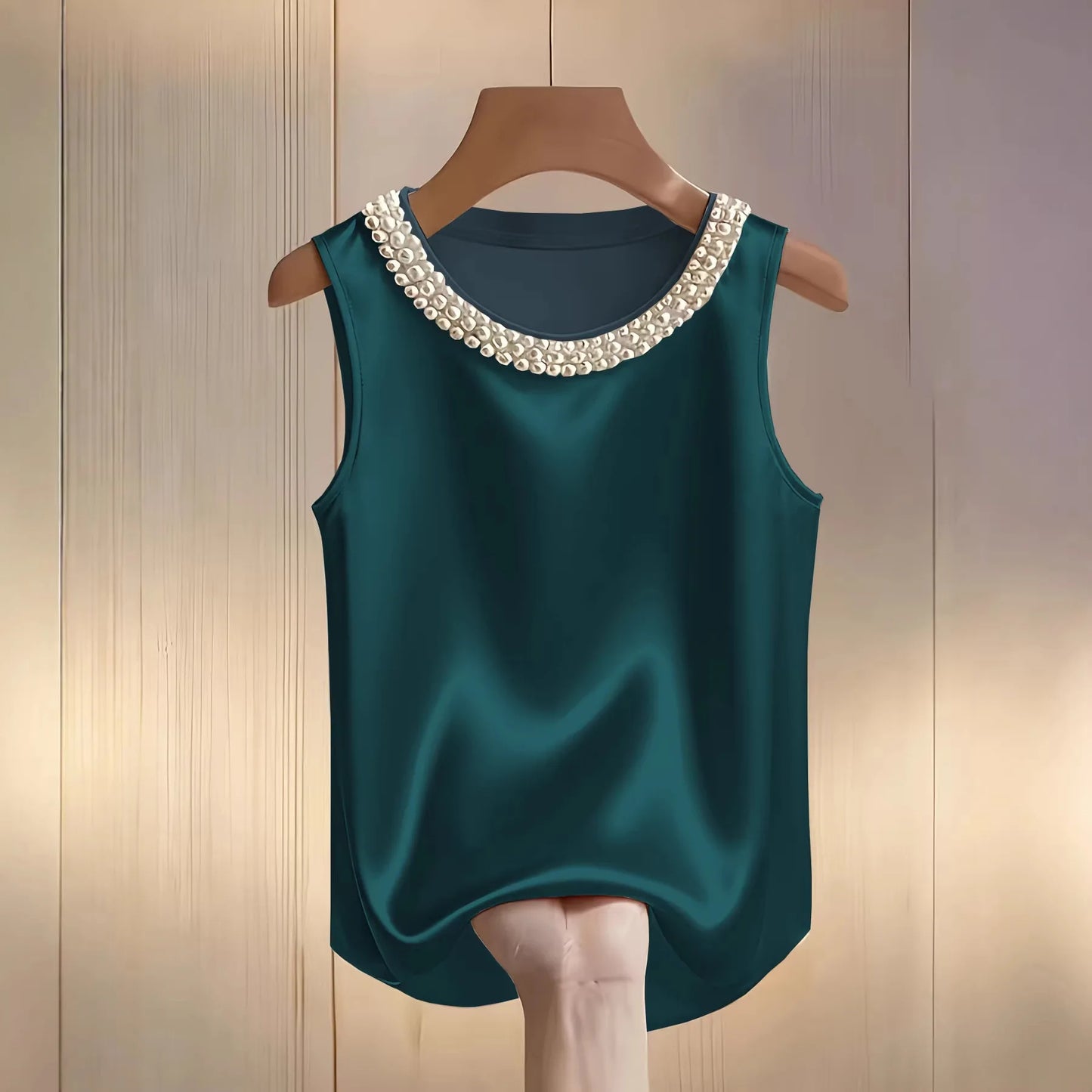 Loose Satin Beaded Pearl Decor Sleeveless Tank Top for Women