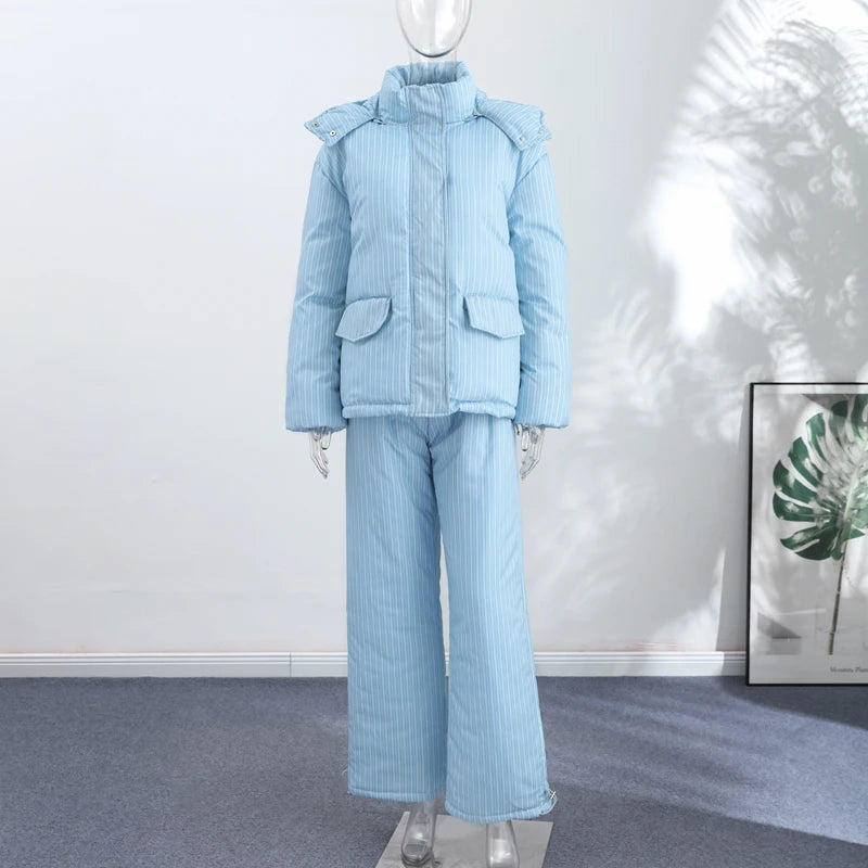 Striped Hooded Puffer Jacket and Wide Leg Pants Set for Women