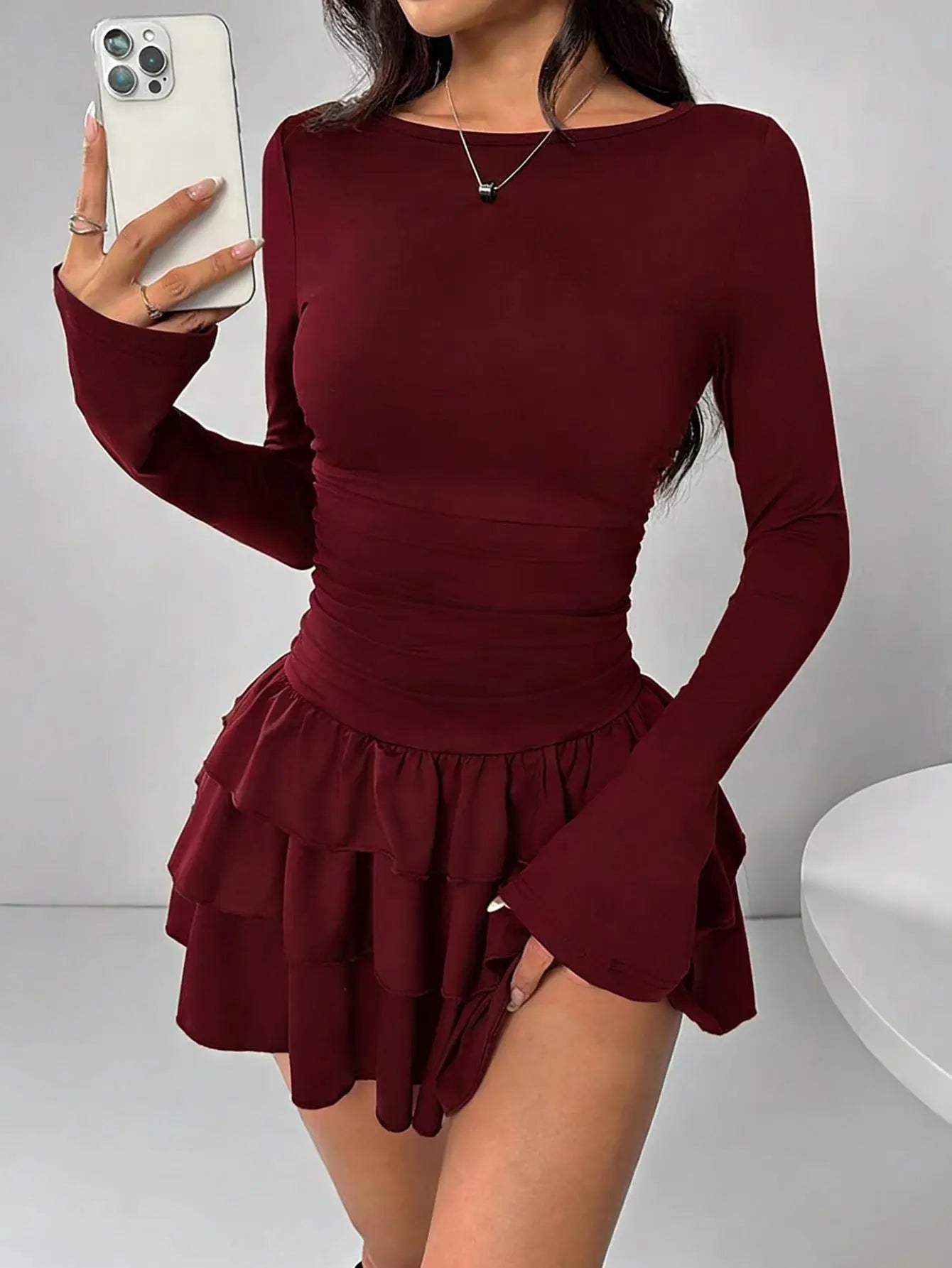 Elegant Cascading Ruffle Flare Sleeve Bodycon Dress for Women