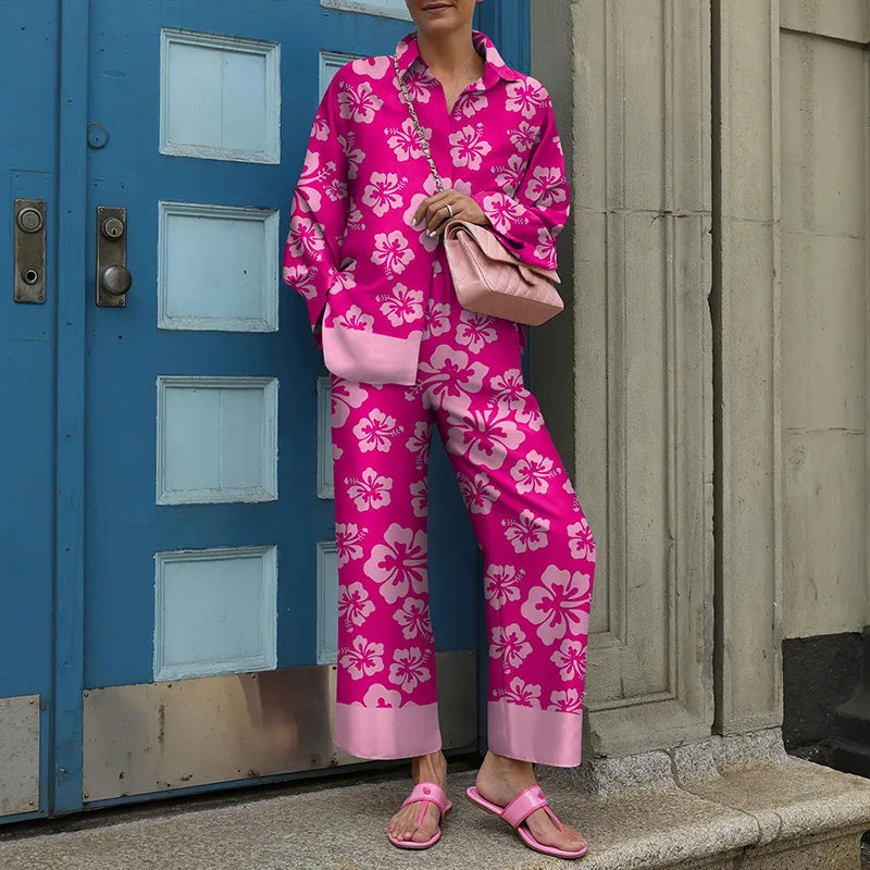 Vintage Printed Two Piece Trouser Suit Set for Women