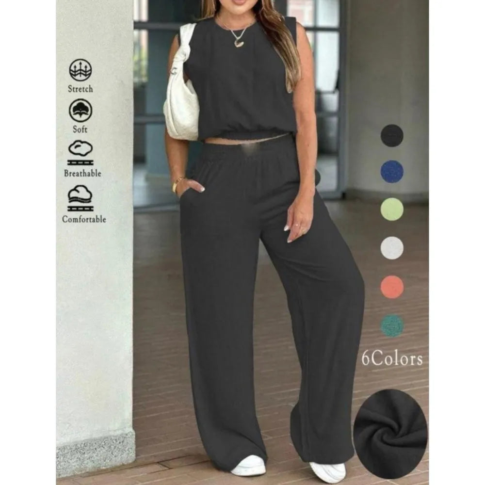 Casual Summer Sleeveless Wide-Leg Two-Piece Set for Women