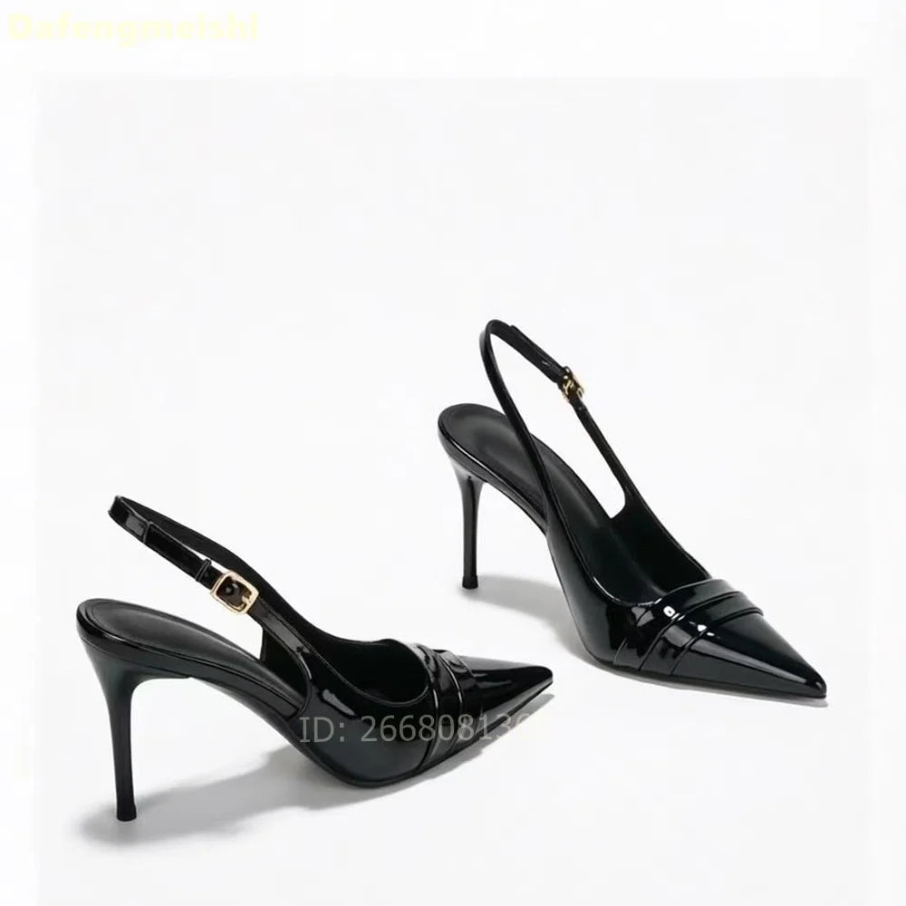 Nude Patent Leather Pleated Pointed Toe Slingback Pumps For Women
