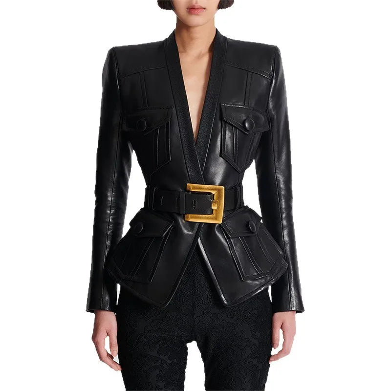 Slim Fit Faux Leather Motorcycle Jacket With Pockets for Women