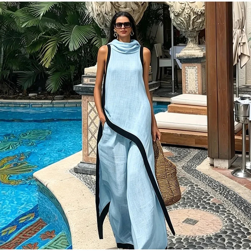 Casual Solid Blouse and Wide Leg Trousers for Women