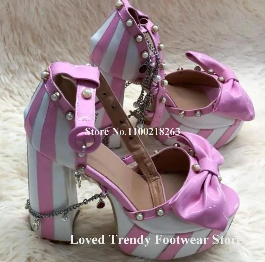 Striped Peep Toe Platform Sandals With Bow Detail for Women