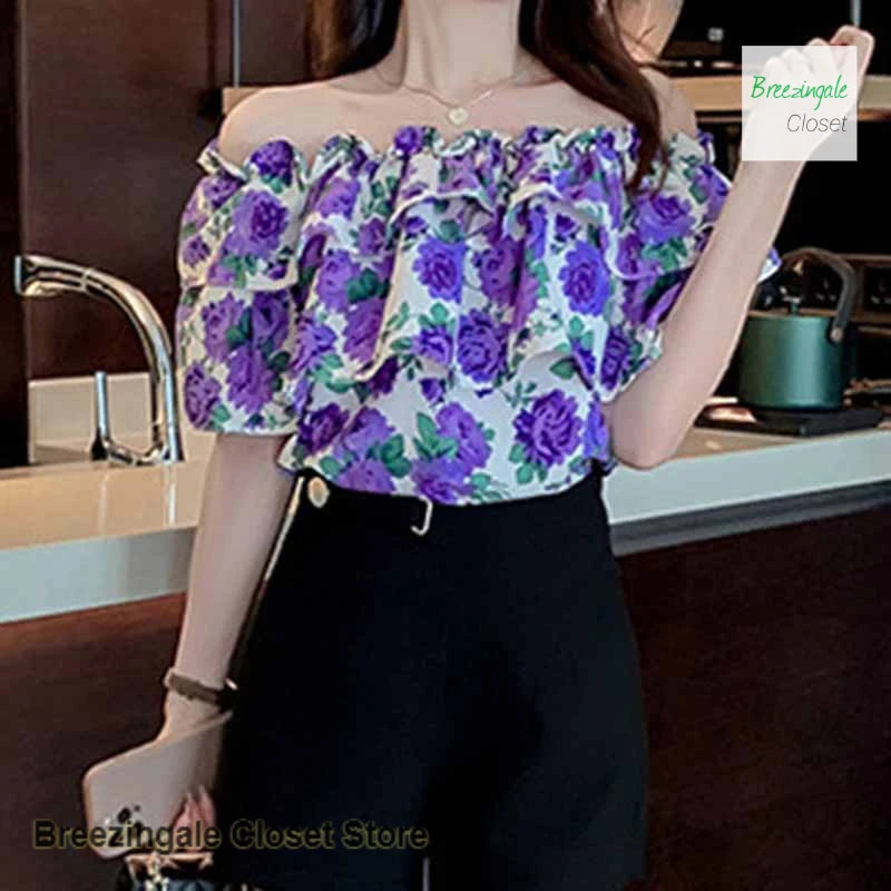 Casual French Style Floral One Shoulder Shirt For Women