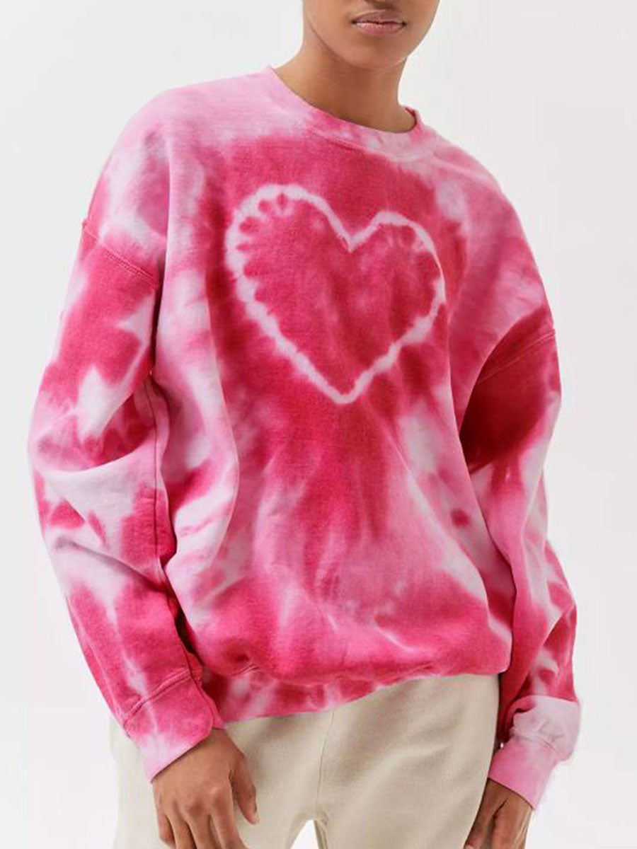 Women's Spring and Autumn Loose Heart Tie Dye Round Neck Sweatshirt Long Sleeve Heart Tie Dye Printed Round Neck Sweatshirt
