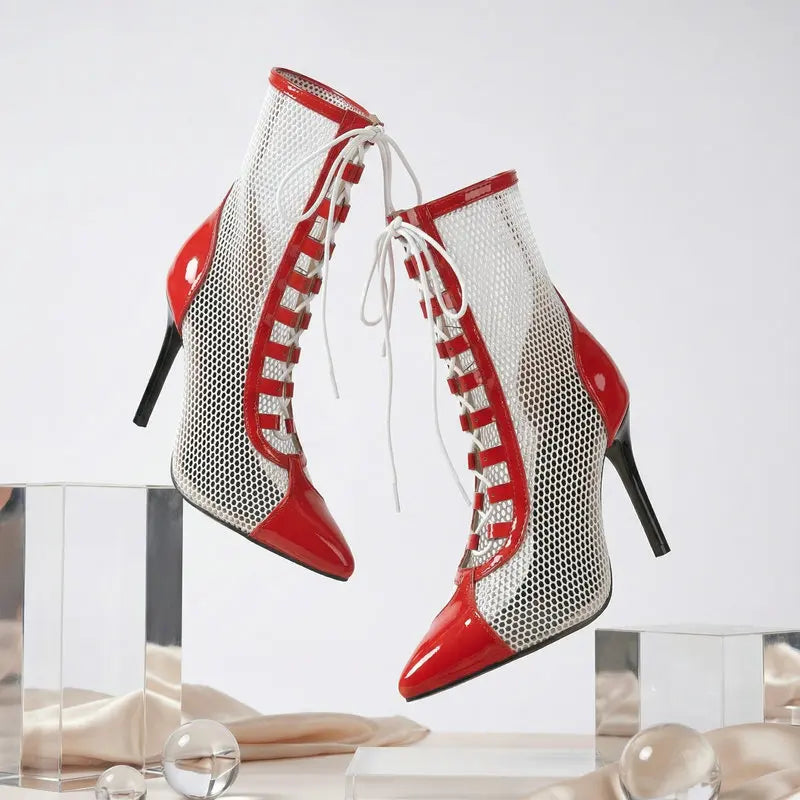 Breathable Mesh Pointy Toe Lace Up Thin Heel Ankle Boots for Women