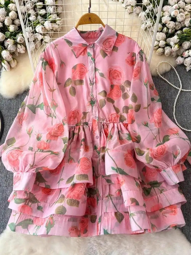 Women Lantern Sleeve Floral Print Lace Up Belt Summer Ball Gown Cute Dress Holiday Gorgeous Flower Ruffles Layer Cake Mini Dress
