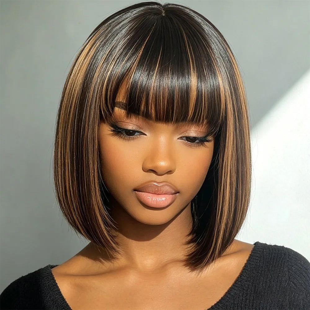 Soft Silky Highlight Brown Straight Bob Wig With Bangs For Women