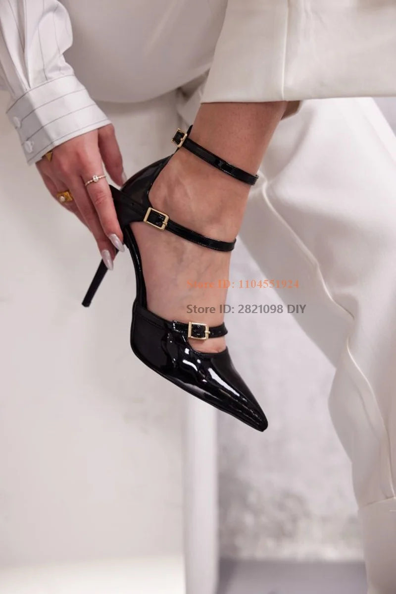 Patent Leather Pointed Toe Pumps With Three Belt Buckle Straps for Women