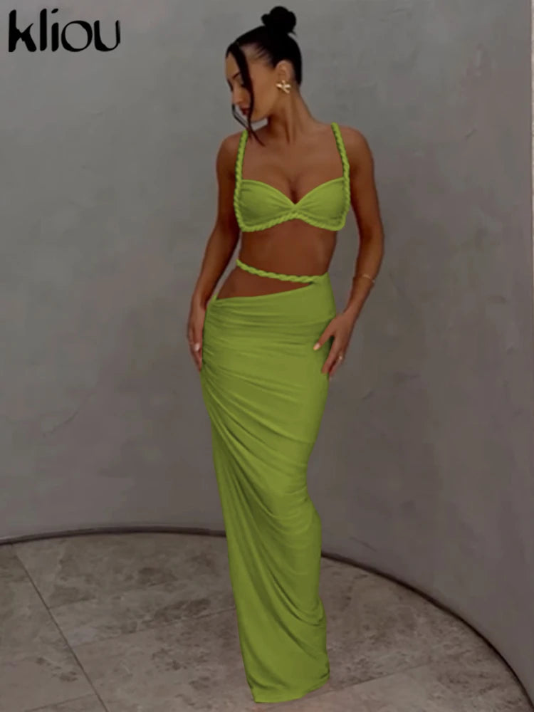 Woven Pleated Crop Top and Maxi Skirt Two Piece Set for Women