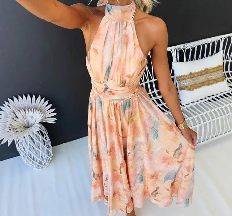 Flower Dress for Women Print Hollow Backless Holiday Fashion Lace Up Sleeveless Pleated Party Dresses New 2025 Summer Long Skirt