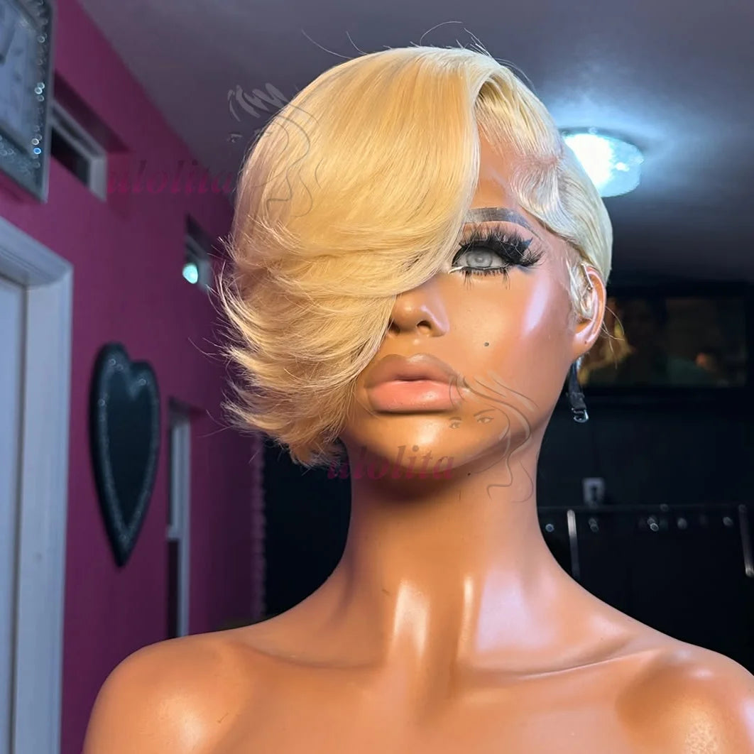 Blonde Pixie Cut Lace Front Human Hair Wig for Women