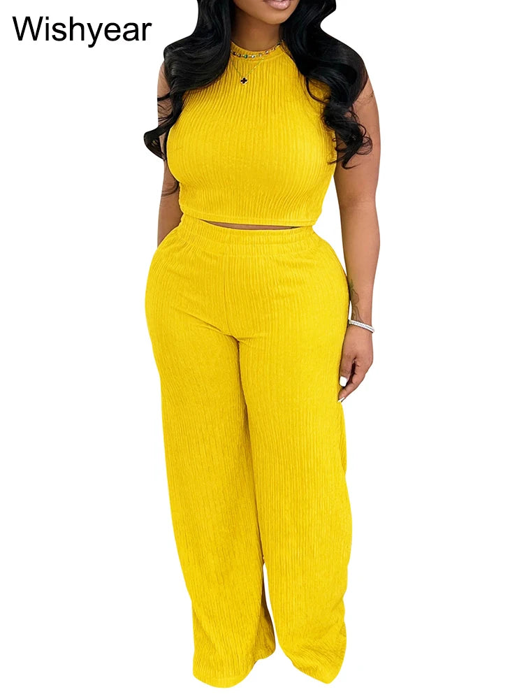 Women's Fashion 2-Piece Set Sleeveless O-Neck Crop Top with Wide Leg Pants Streetwear Casual Autumn Sports Outfit Tracksuit 2025