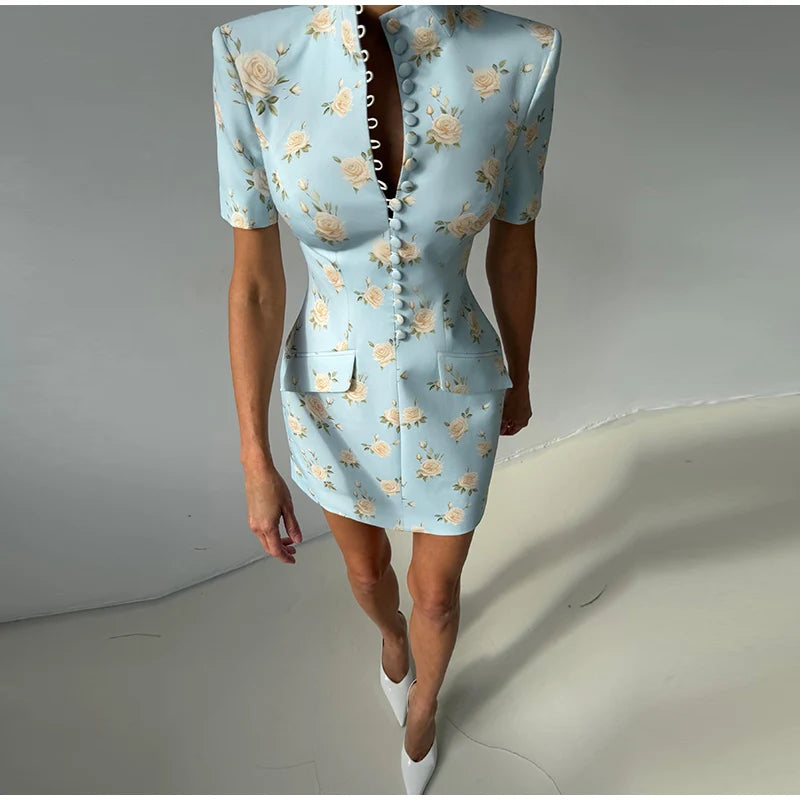 Elegant Printed Short Sleeve Stand Collar Dress for Women