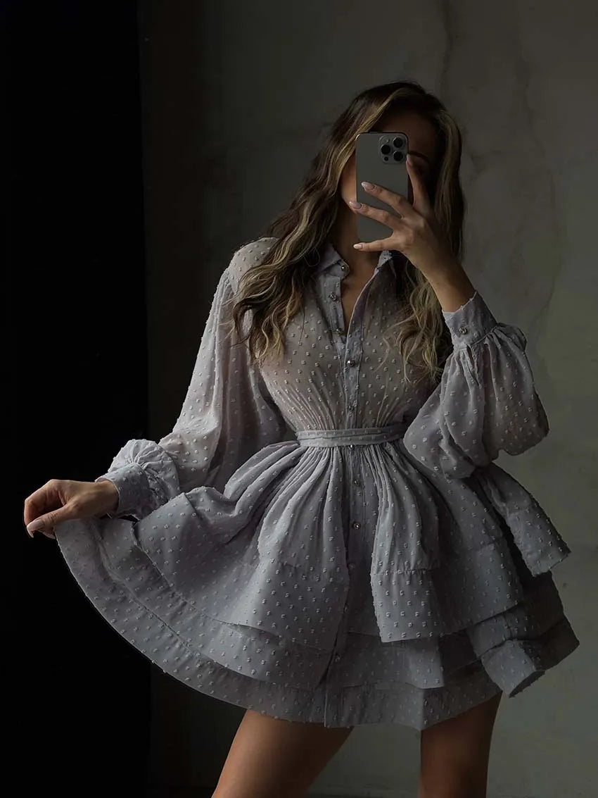 Oymimi Elegant Red Lapel Dresses 2025 Woman Casual Long Sleeve Single Breasted Dresses Fashion High Waisted Ruffled Mini Dress