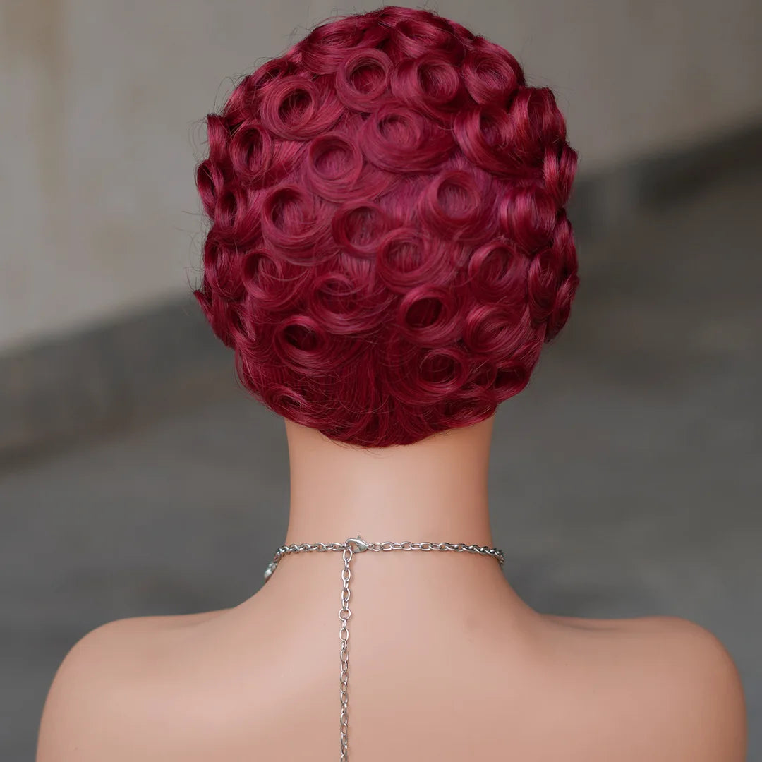 Premium Short Pixie Wig for Black Women 99J Brazilian Virgin Remy Hair Natural Small Curls Comfortable & Durable
