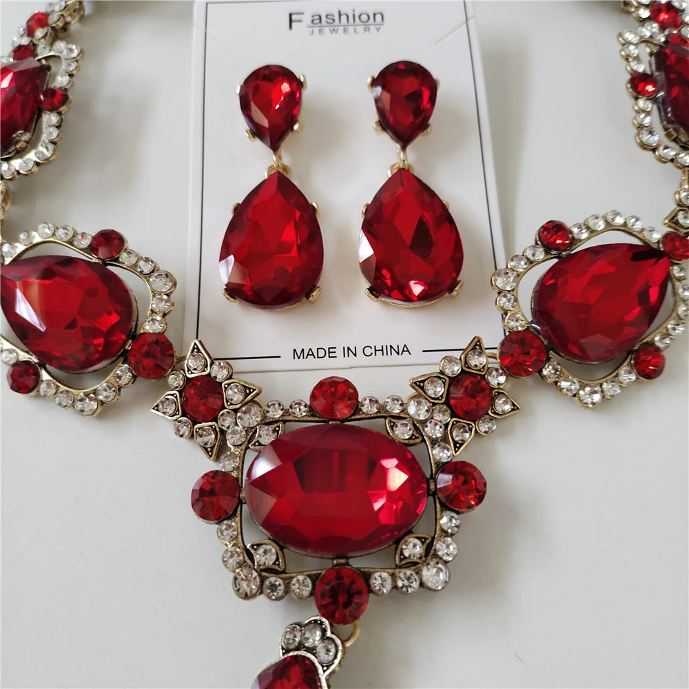 Red Crystal Statement Necklace and Earrings Set for Women