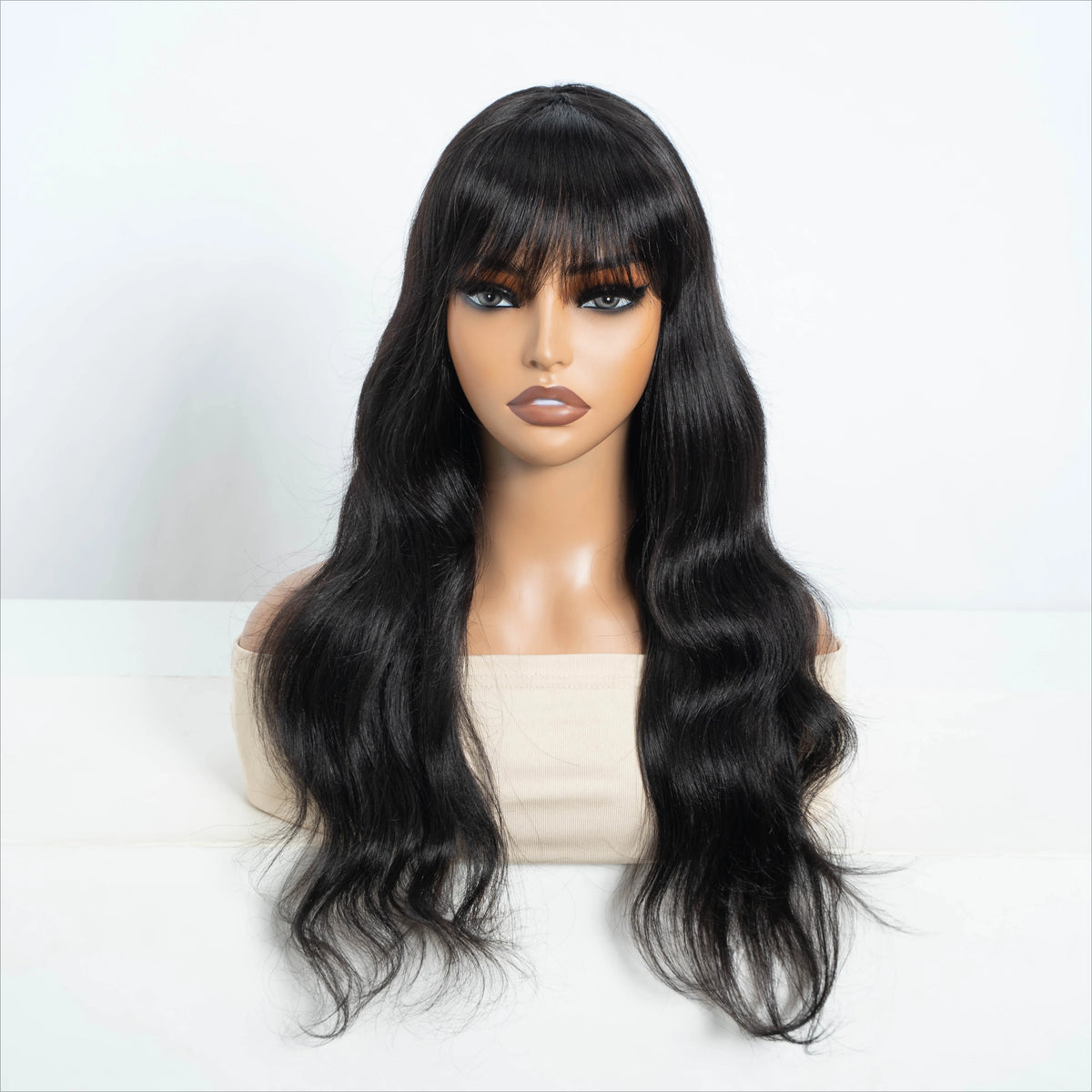 Brown Highlight Body Wave Human Hair Wig With Bangs For Women